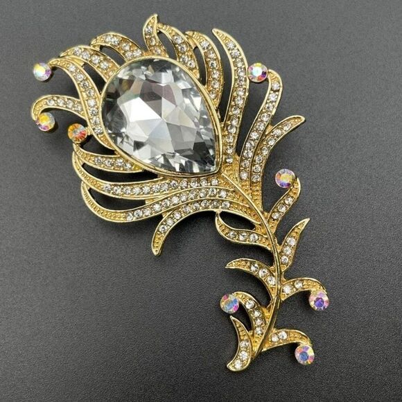 Yellow Gold with Diamond and AB Crystal Single Peacock Feather Pin Back Brooch - Picture 1 of 9